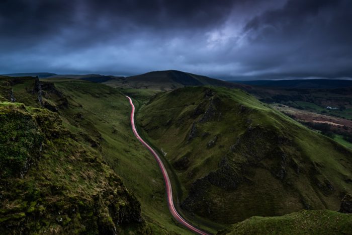 HDR light trails at sunset on a moody evening at Winnats Pass
