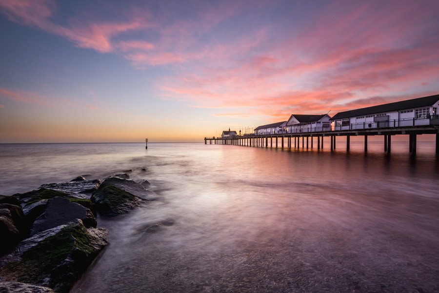A colourful sunrise and long exposyre at Southwold Pier in Suffolk, UK